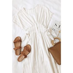 LULU’S SIERRA WHITE AND TAUPE STRIPED MIDI DRESS